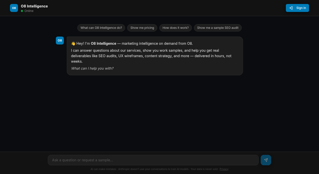 O8 Intelligence chat interface — ask a marketing question, get a real deliverable back