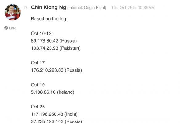 screenshot of IPs and countries of origin