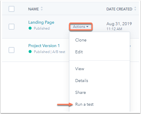 An excerpt of a Landing Page where you can click either More or Actions, and then click either Run a Test or Create A/B Variant.