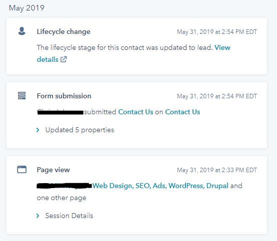 An excerpt from a customer’s history showing how he submitted a form and became a lead after viewing a page