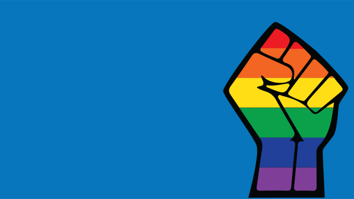 Blue background with a rainbow-colored fist