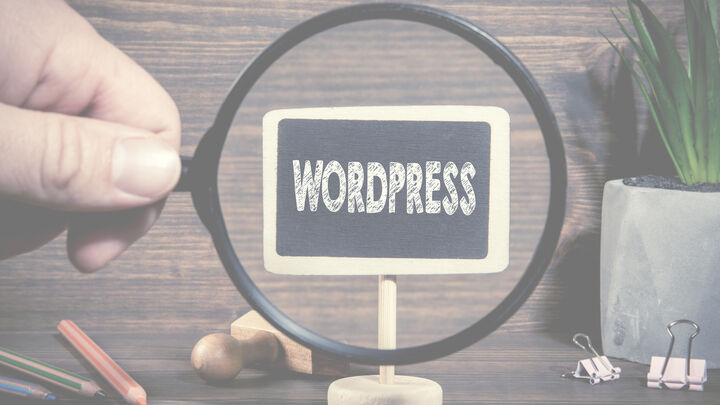 Wordpress written on a whiteboard viewed through a magnifying glass