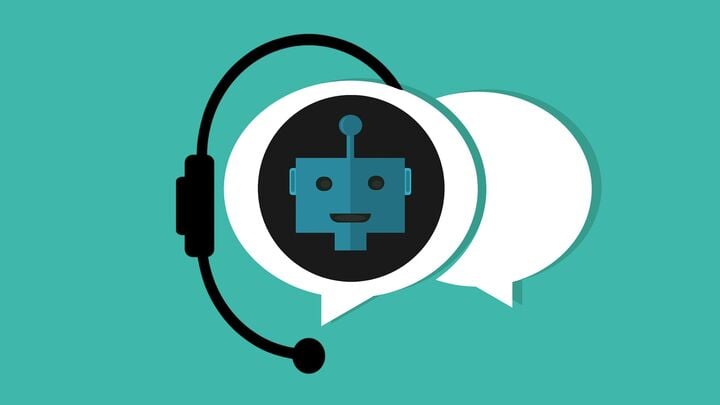 A flat-style illustration of a blue chatbot face with an antenna, set inside a dark circle and framed by two white speech bubbles, with a black headset and microphone on a teal background — representing AI-powered customer support.