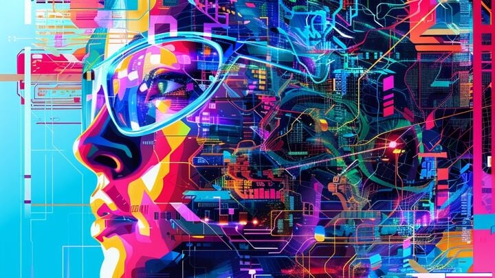 AI-driven digital illustration of a person with data graphics, representing predictive analytics and technology