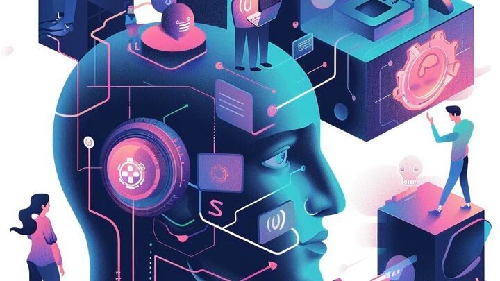 Digital illustration of large AI head profile with glowing circuits and tech elements, with people working on connected platforms using laptops and technology