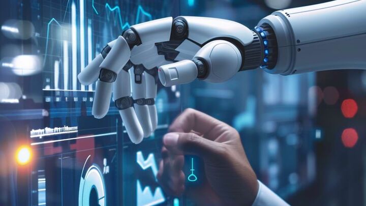 Robot and human hands nearly touching before holographic data dashboard, symbolizing AI-human interaction