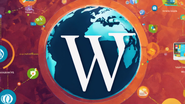 Illustration of a large 'W' for WordPress over a globe, with digital icons and connections symbolizing web migration
