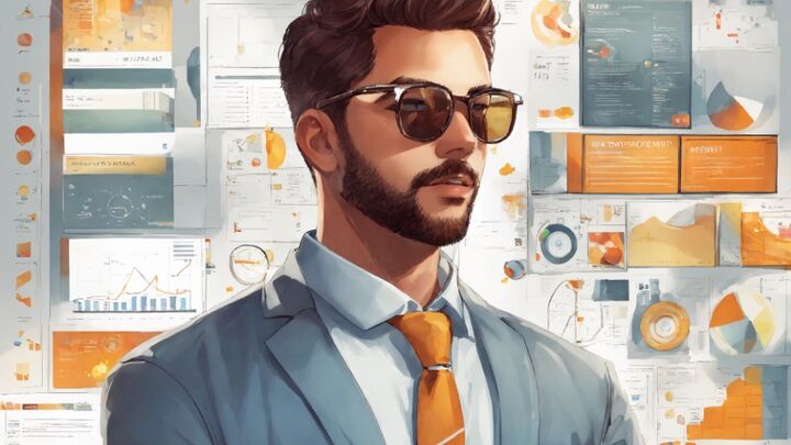 Growth marketing specialist in a gray suit and orange tie wearing sunglasses, standing confidently in front of a wall covered with analytics dashboards, charts, and data visualizations in orange, blue, and white tones.