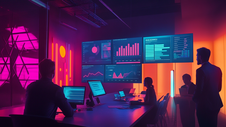 Dynamic scene of a team improving their content strategy with MarketMuse, featuring analytics screens showing SEO data and growth charts.