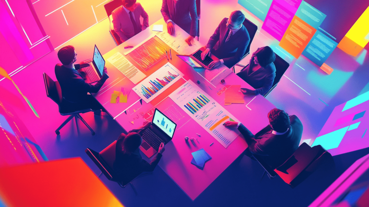 Strategic Marketing Planning Team collaborating around table with laptops and data charts in vibrant pink, orange, and purple lighting