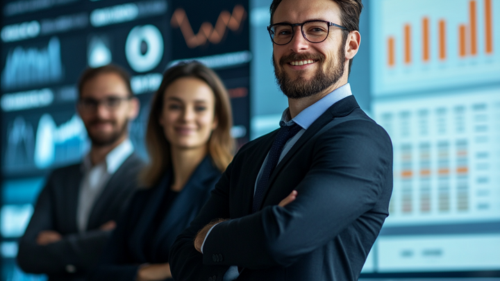 Business professional in glasses standing confidently with colleagues in front of digital data displays and charts in a modern office