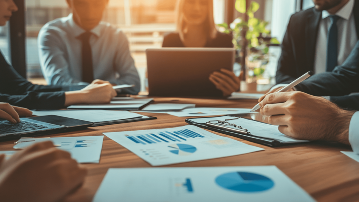 Business team engaged in data-driven decision making, reviewing analytics charts and graphs on paper and tablets during a sunny conference meeting.