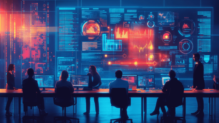 A modern office with a team of CRM experts working together, surrounded by laptops and screens showing data charts and graphs