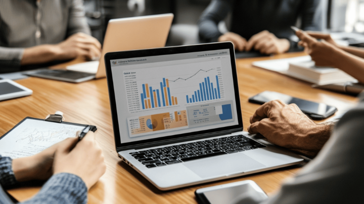 Business team meeting around a table with laptop displaying analytics dashboard featuring bar charts, line graphs, and data tables.