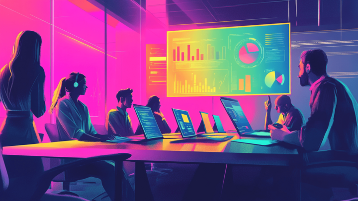 Tech startup marketing team analyzing data dashboards and building a strategic budget in a modern office.