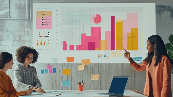 Marketing team collaborating in modern office with colorful data visualizations and charts displayed on wall during strategy presentation
