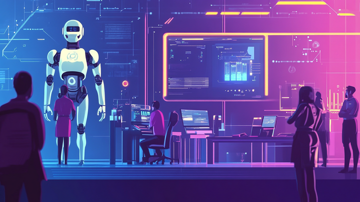 Futuristic AI SEO command center with humanoid robot, team members working at workstations with multiple screens displaying data analytics and dashboards, illuminated in blue and pink neon lighting.