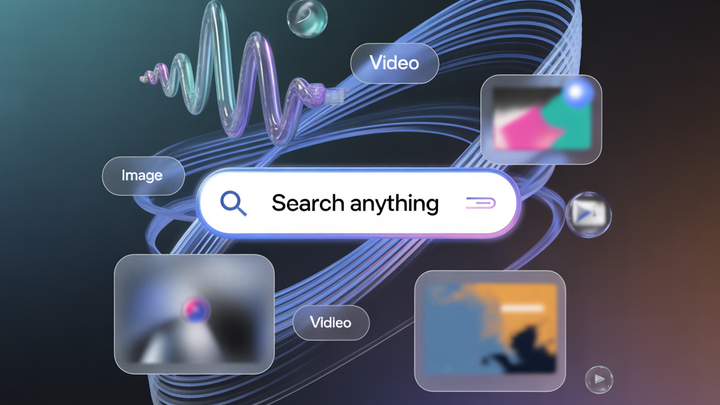 AI-powered search engine interface demonstrating multimodal search across images, video, and digital content.