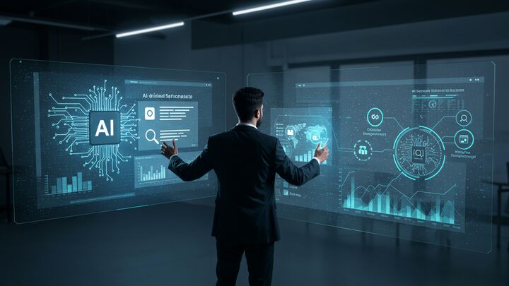 Business professional in a suit interacting with futuristic holographic AI interface displays showing data visualizations, circuit board patterns, world map analytics, and interconnected digital elements in a modern office environment with cyan-blue lighting