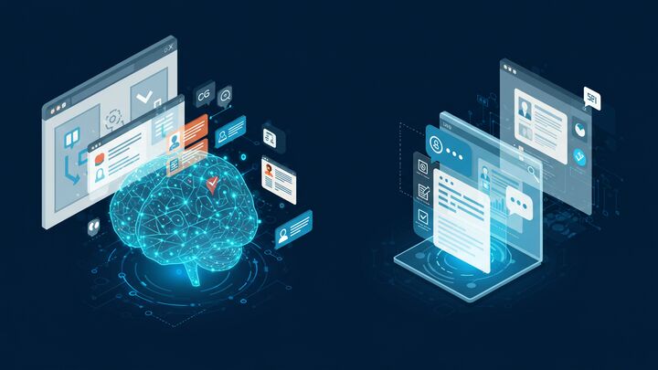 Isometric illustration of AI-powered digital marketing platform with glowing brain icon, interface screens, user profiles, and data visualization elements