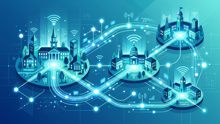 Abstract illustration of a multi-campus university system with interconnected digital data streams and search signals