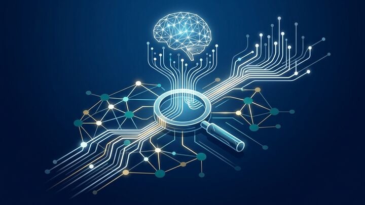 Abstract neural network visualization representing AI-powered SEO optimization with data streams and knowledge graph connections in navy blue and teal