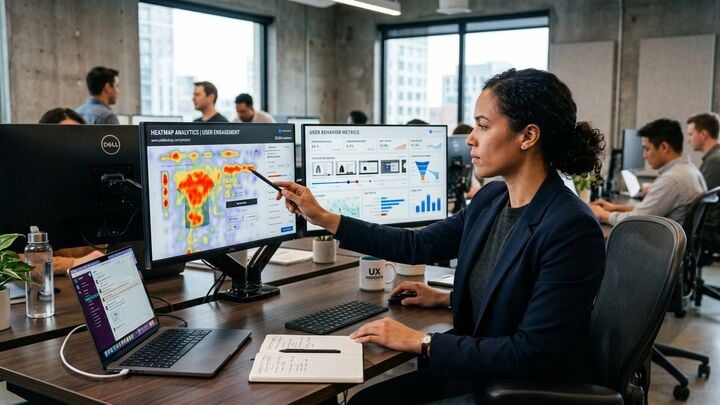 UX analyst reviewing heatmap analytics dashboard