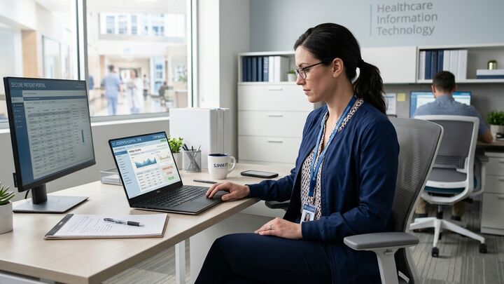 Healthcare IT professional reviewing secure digital records on laptop in hospital office