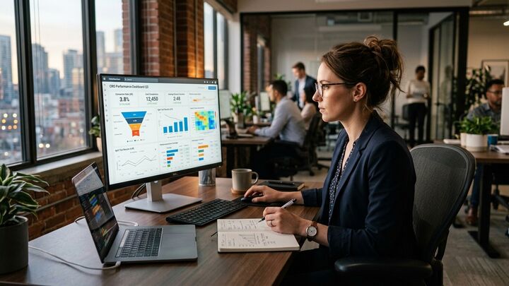 Marketing analyst reviewing conversion rate optimization dashboard, modern office