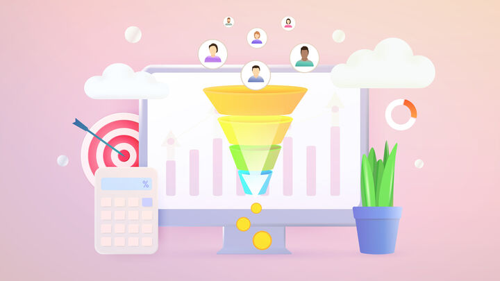 Illustration of a marketing funnel on a computer screen, with audience profile icons flowing into the funnel and coins dropping out, alongside a target graphic and analytics elements.