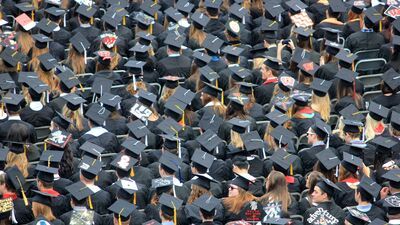 Aerial view of grads wearing caps