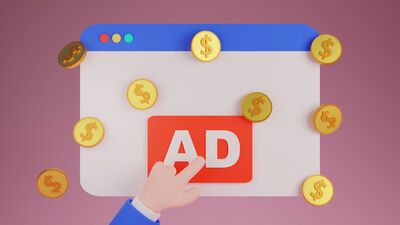 Web page with cartoon human hand pressing on advertising and coins