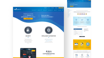 HelpSystems website mockup highlighting security and intelligent automation, with a blue header and sections showing customer rating, stats, and feature icons.