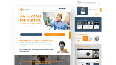 Screenshot of a healthcare technology website homepage promoting AI-powered triage tools for emergency departments, featuring a nurse image, navigation menus, and sections highlighting risk reduction, sepsis recognition, and workforce wellness resources.