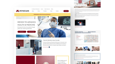Screenshot of the University of Minnesota Physicians website homepage featuring healthcare services information, a surgical professional image, clinic details, patient resources, and care navigation options.