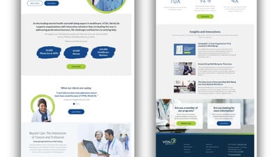 Screenshot of the VITAL WorkLife healthcare workforce well-being website, featuring navigation menus, program information, performance metrics, resource articles, and images of medical professionals promoting mental health and support services.