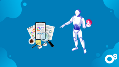 Human shaped robot pointing to a grouped item that includes a tablet, magnifying glass, reading glasses, coffee, pen and paper