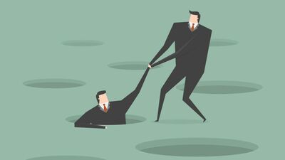 Graphic of a person pulling another from a hole