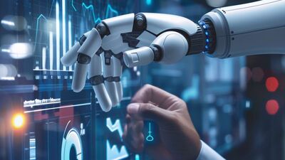 Robot and human hands nearly touching before holographic data dashboard, symbolizing AI-human interaction