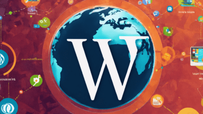 Illustration of a large 'W' for WordPress over a globe, with digital icons and connections symbolizing web migration