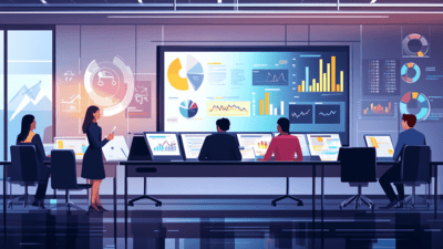 Conference room with marketing and finance teams collaborating, addressing budget cuts, charts and data displayed on a screen