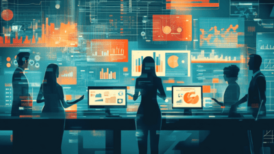 Digital artwork depicting a future-focused B2B marketing team using AI for strategic planning