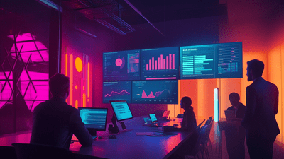 Dynamic scene of a team improving their content strategy with MarketMuse, featuring analytics screens showing SEO data and growth charts.