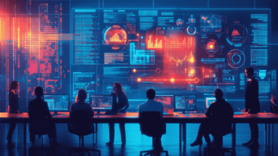 A modern office with a team of CRM experts working together, surrounded by laptops and screens showing data charts and graphs