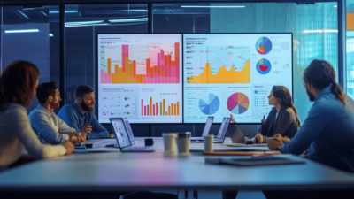 Group meeting in a conference room analyzing dashboards and charts on large wall-mounted screens, with laptops and notes on the table.