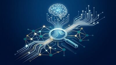 Abstract neural network visualization representing AI-powered SEO optimization with data streams and knowledge graph connections in navy blue and teal