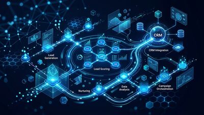 Abstract visualization of B2B marketing automation data flows and integrations