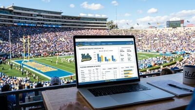 University athletic department website platform analytics on laptop with college football stadium in background