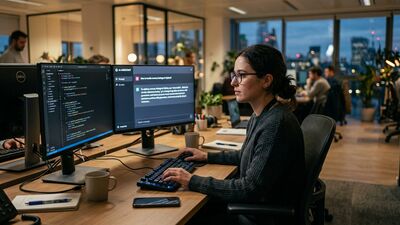 Professional developer at dual-monitor workstation with AI interface, modern tech office