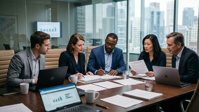 Business team in boardroom reviewing data governance policy, professional meeting